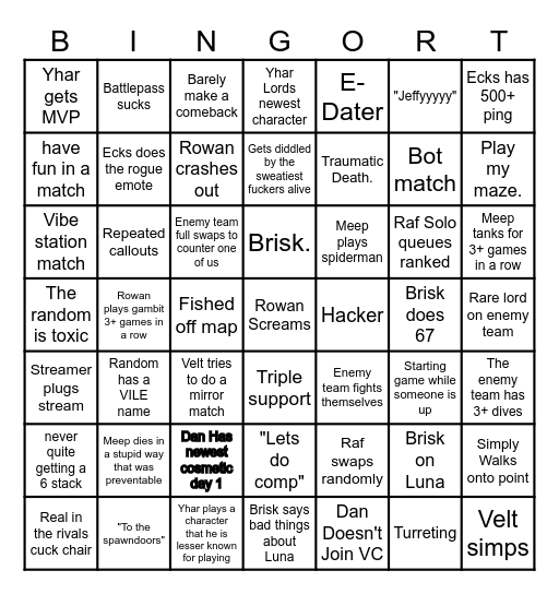 RR Rivals Bingo Card