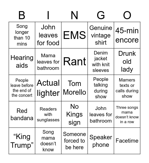 Bruce Show Bingo Card