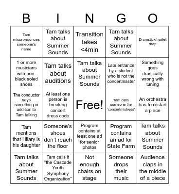 CYSO Concert Bingo 5/4 Bingo Card