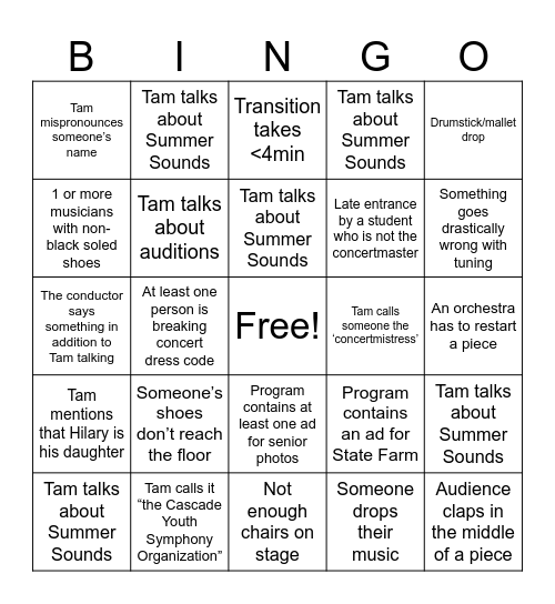 CYSO Concert Bingo 5/4 Bingo Card
