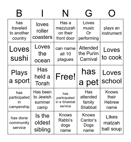 Mitzvah Bingo Card
