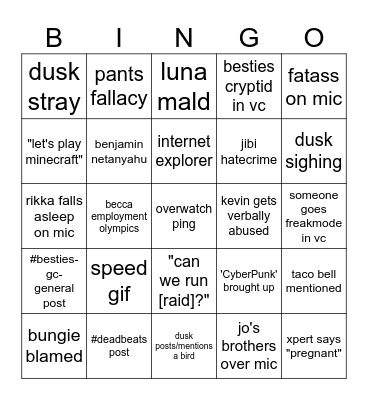 Besties GC Bingo Card