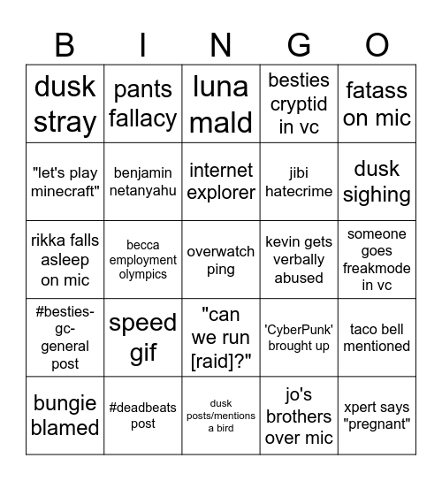Besties GC Bingo Card