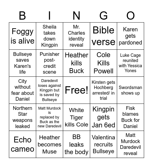 Daredevil Born Again Season 2 Finale Bingo Card