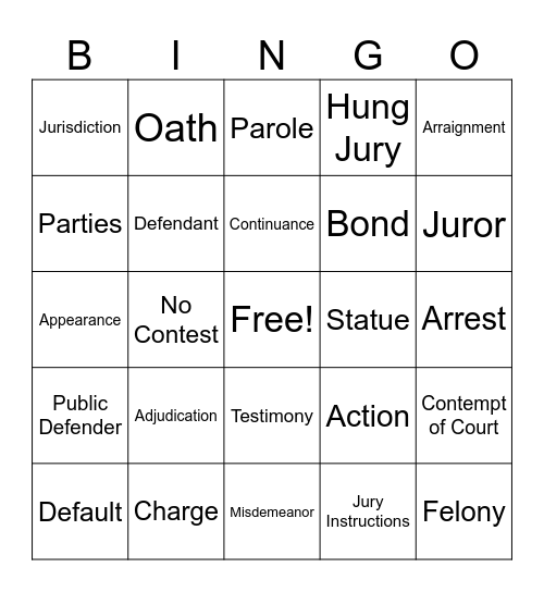 Court Vocabulary Bingo Card