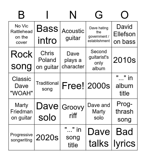 Megadeth Bingo Card