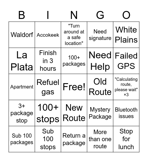 Package Sunday Bingo Card