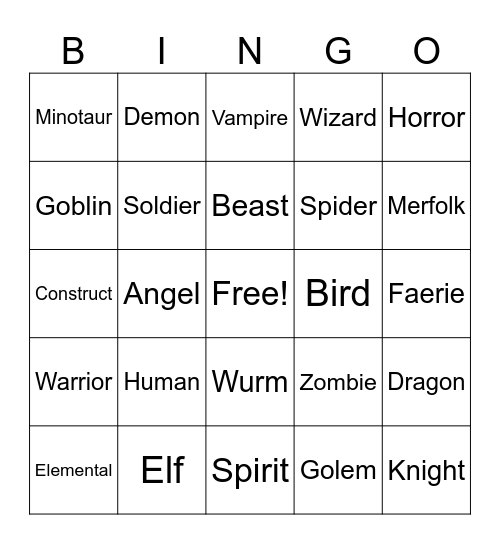 Chaos Creature Feature Bingo Card
