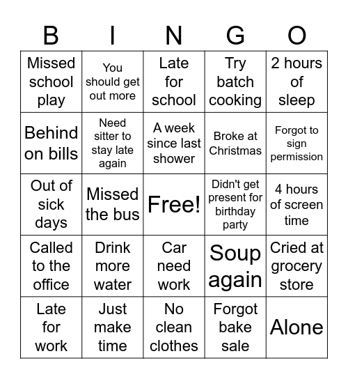 Single Parent Bingo Card