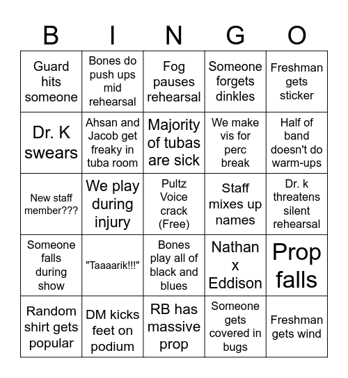 DNHS Marching Band Bingo Card