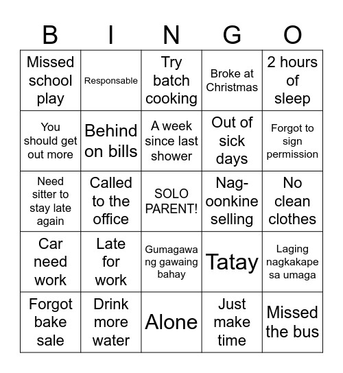 Single Parent Bingo Card