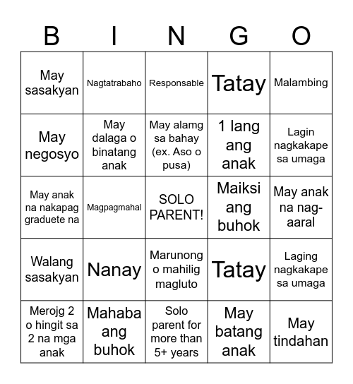 Single Parent Bingo Card