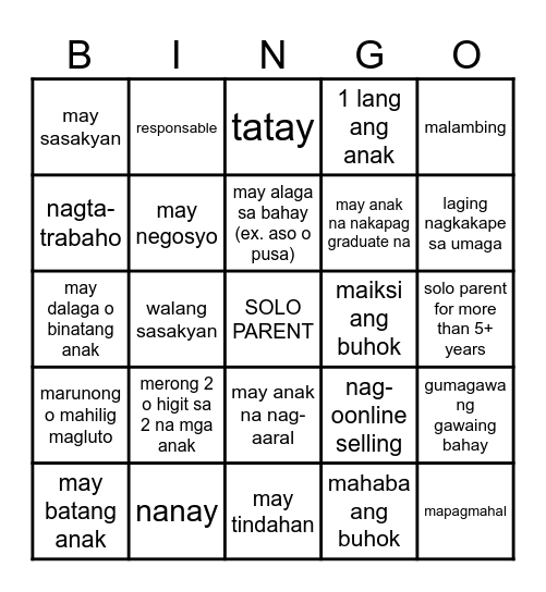 Single Parent Bingo Card