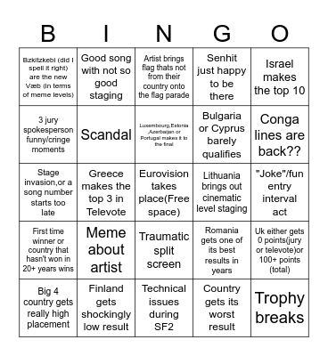 Eurovision 2026 Vienna bingo Card