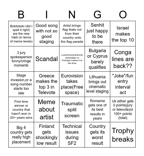 Eurovision 2026 Vienna bingo Card