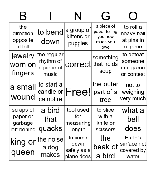 Multiple Meaning Words Bingo Card