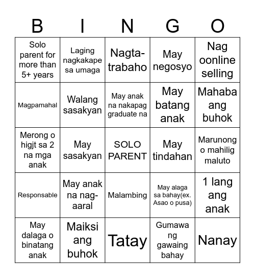 Single Parent Bingo Card