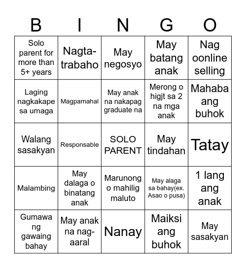 Single Parent Bingo Card