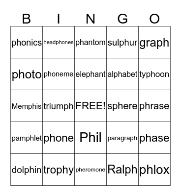 PH words Bingo Card
