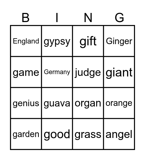 Hard and Soft G Bingo Card