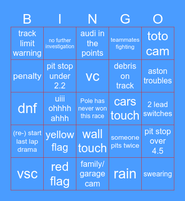 Miami GP 26 Bingo Card
