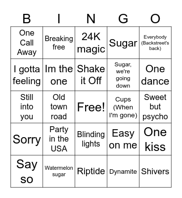 Pop song bingo Card