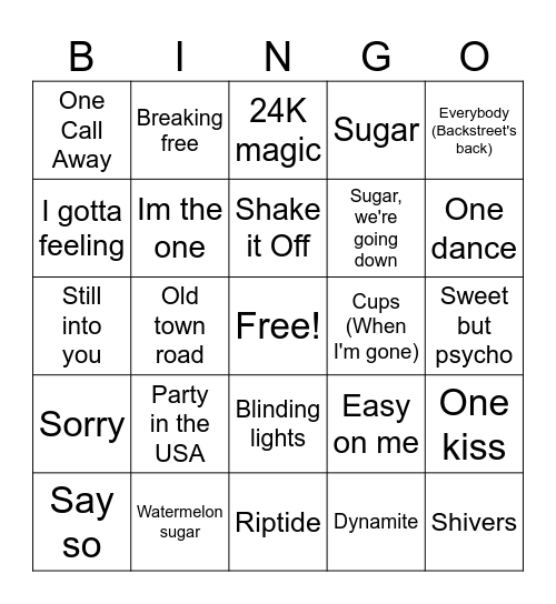Pop song bingo Card