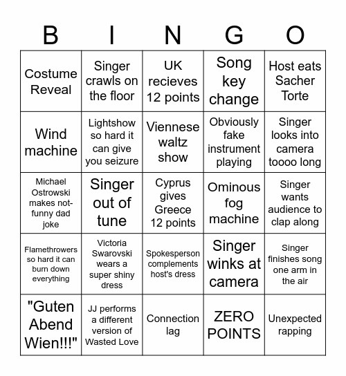Eurovision Bingo Card