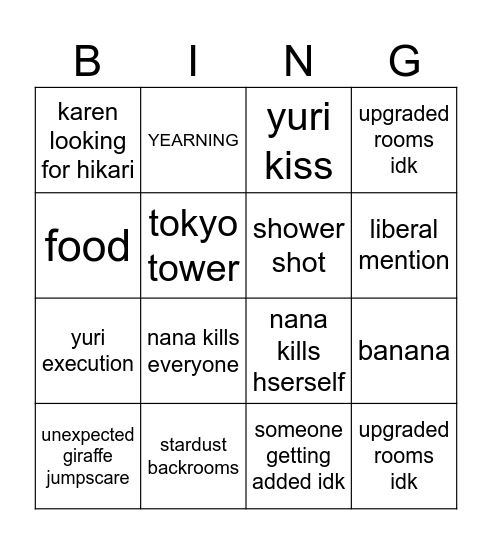 Starlight Revue Bingo Card