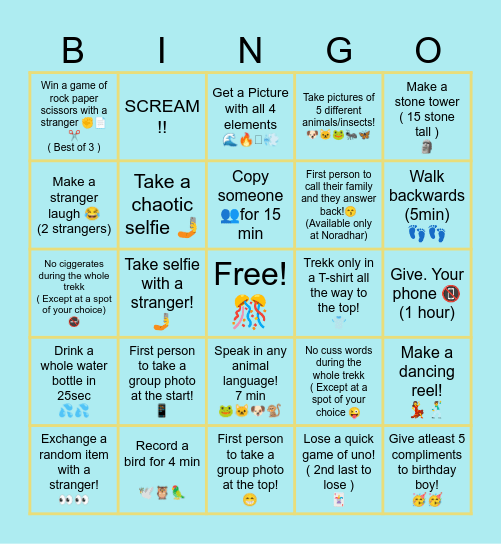 Churrdhar trekk Bingo Card