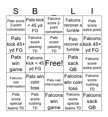 Super Bowl BINGO Card