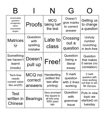 Spesh Test Bingo Card