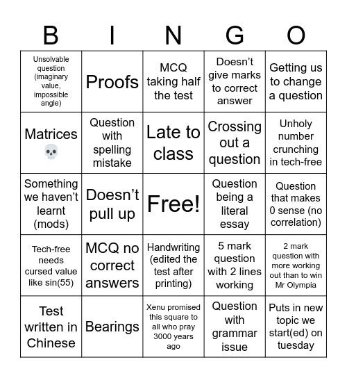 Spesh Test Bingo Card