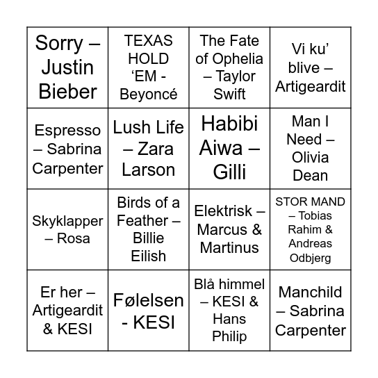 UK Musik Bingo 2026 Bingo Card