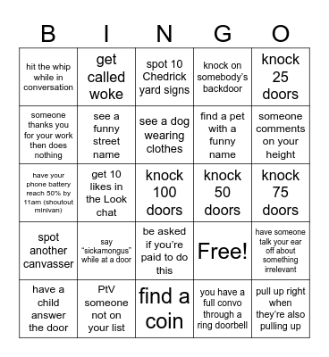 Door Knocking Bingo Card