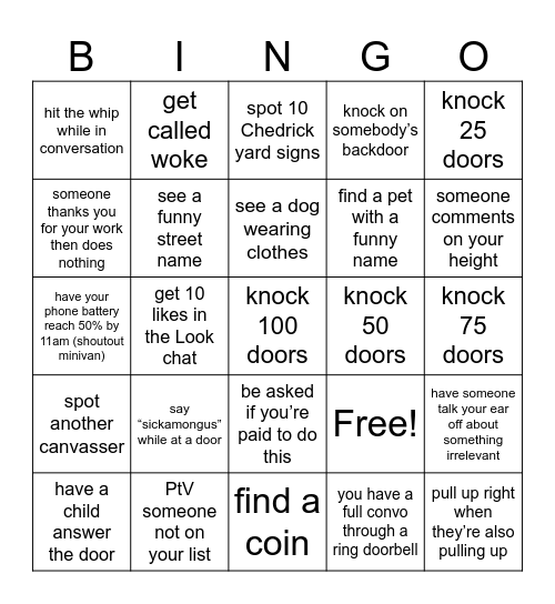 Door Knocking Bingo Card