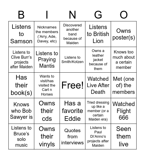 Iron Maiden Bingo Card