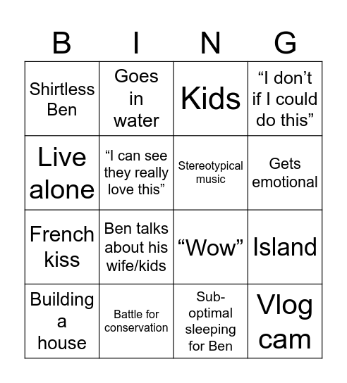 Ben Fogle Bingo Card