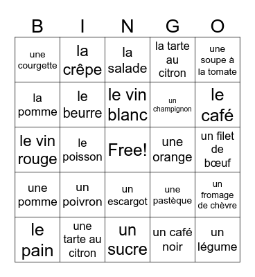 le menu Bingo Card