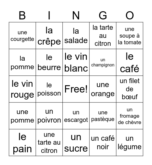 le menu Bingo Card