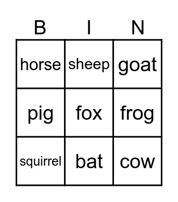 Animals Bingo Card