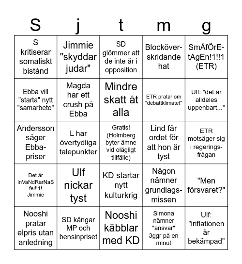 Partisk debatt Bingo Card