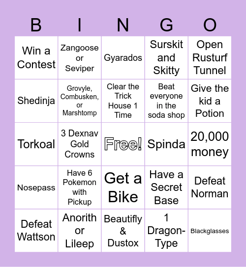 ORAS Bingo Race Bingo Card