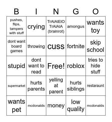 tantrums and kid crashouts bingo Card