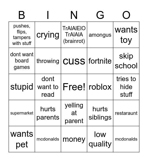 tantrums and kid crashouts bingo Card
