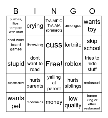 tantrums and kid crashouts bingo Card