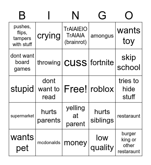 tantrums and kid crashouts bingo Card