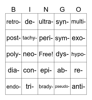 Medical Terms Prefixes Bingo Card