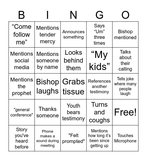 Fast Sunday Bingo Card