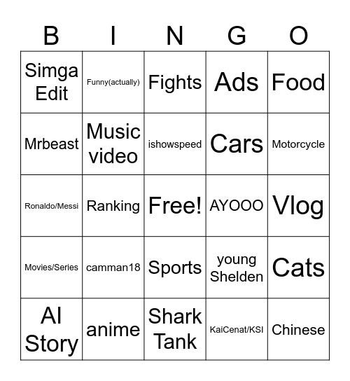 Youtube Shorts Bingo Card